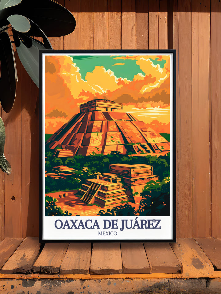 Highlighting the majestic Monte Albán and the historic city of Oaxaca de Juárez, this Mexico travel poster is the perfect piece for anyone who appreciates the beauty of Mexican heritage and architectural grandeur.