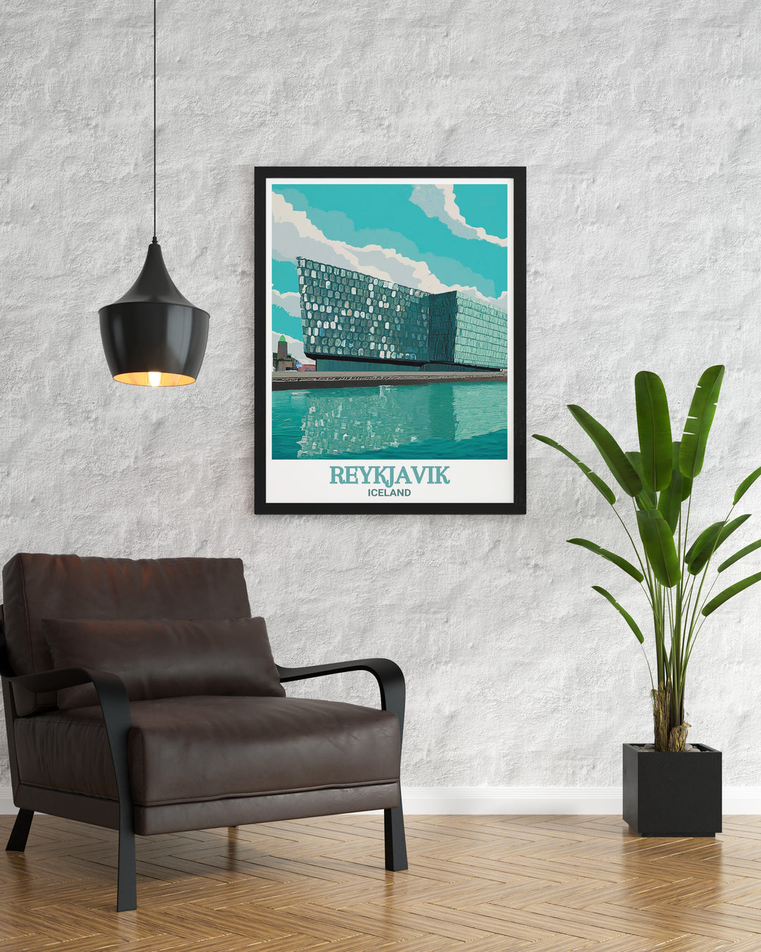 Reykjavik vintage poster featuring the iconic Harpa Concert Hall and the captivating streets of Icelands capital, celebrating the citys blend of tradition and innovation. This custom print is perfect for travelers and design enthusiasts.