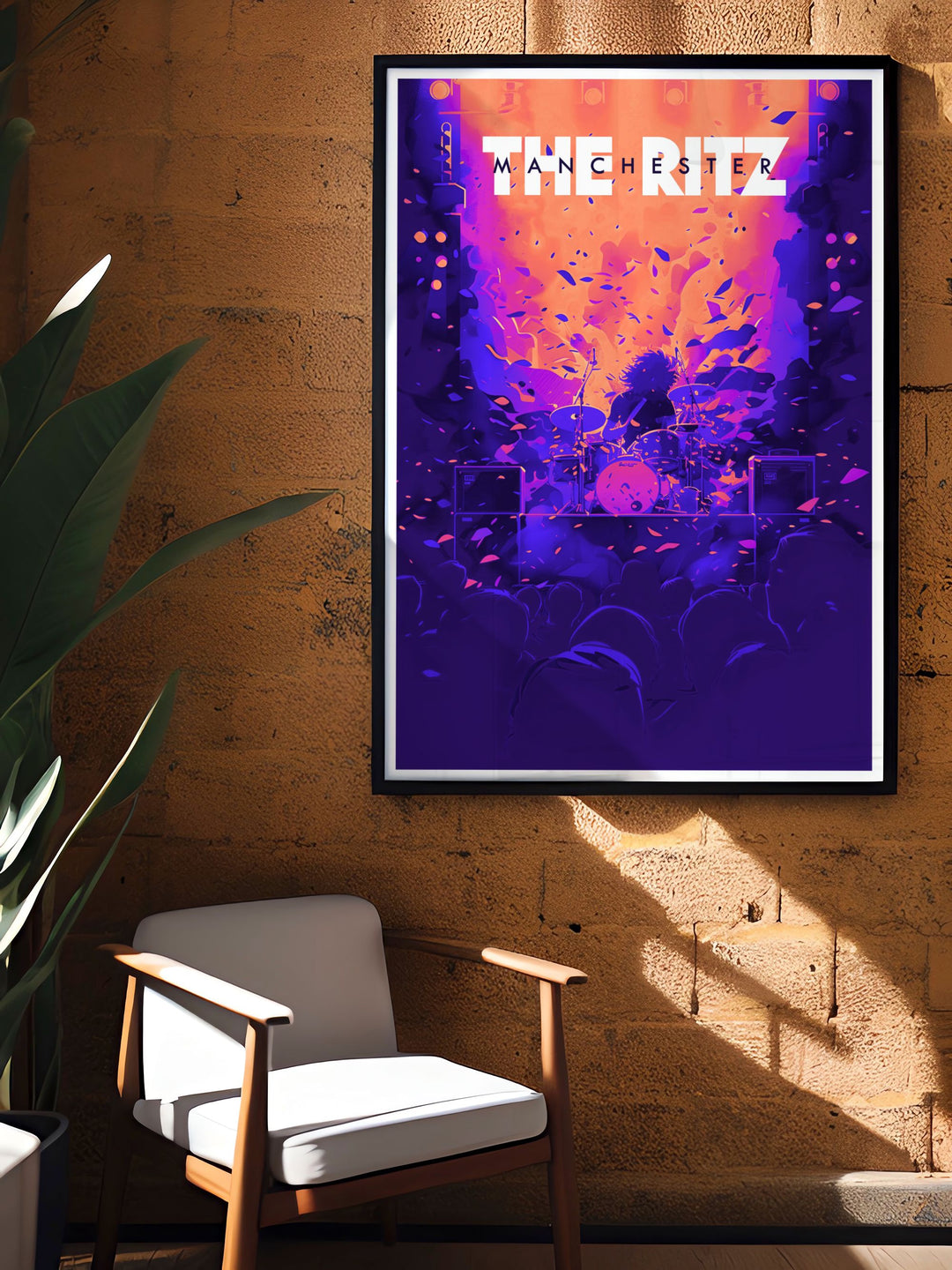 Featuring The Ritz Manchesters iconic performance stage, this vintage style print captures the venues energy and history. A perfect addition to any room, this poster highlights Manchesters musical heritage and the architectural beauty of The Ritz.