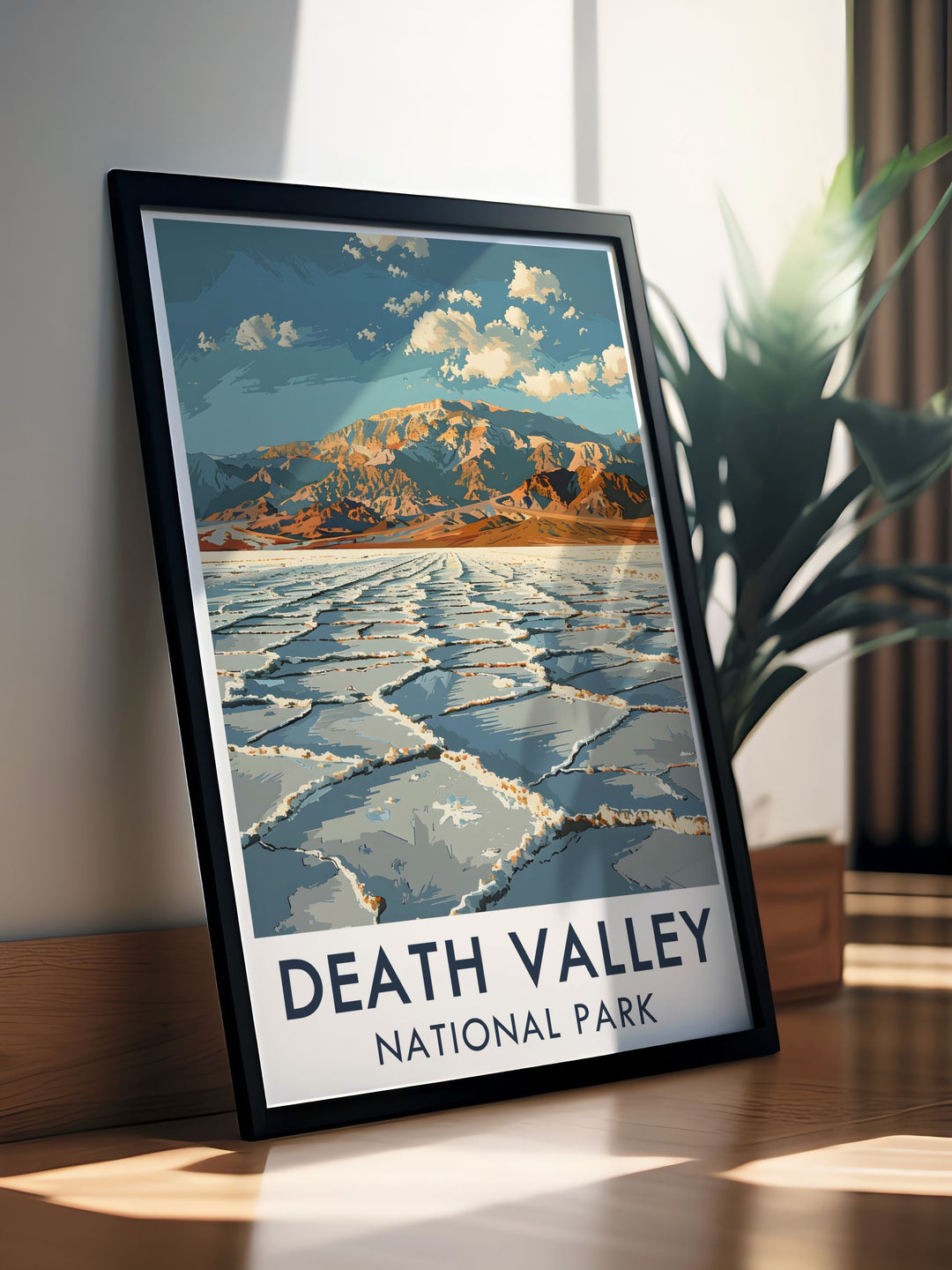 Framed art showcasing the serene beauty of Badwater Basin in Death Valley, capturing the otherworldly landscape and the parks natural splendor.