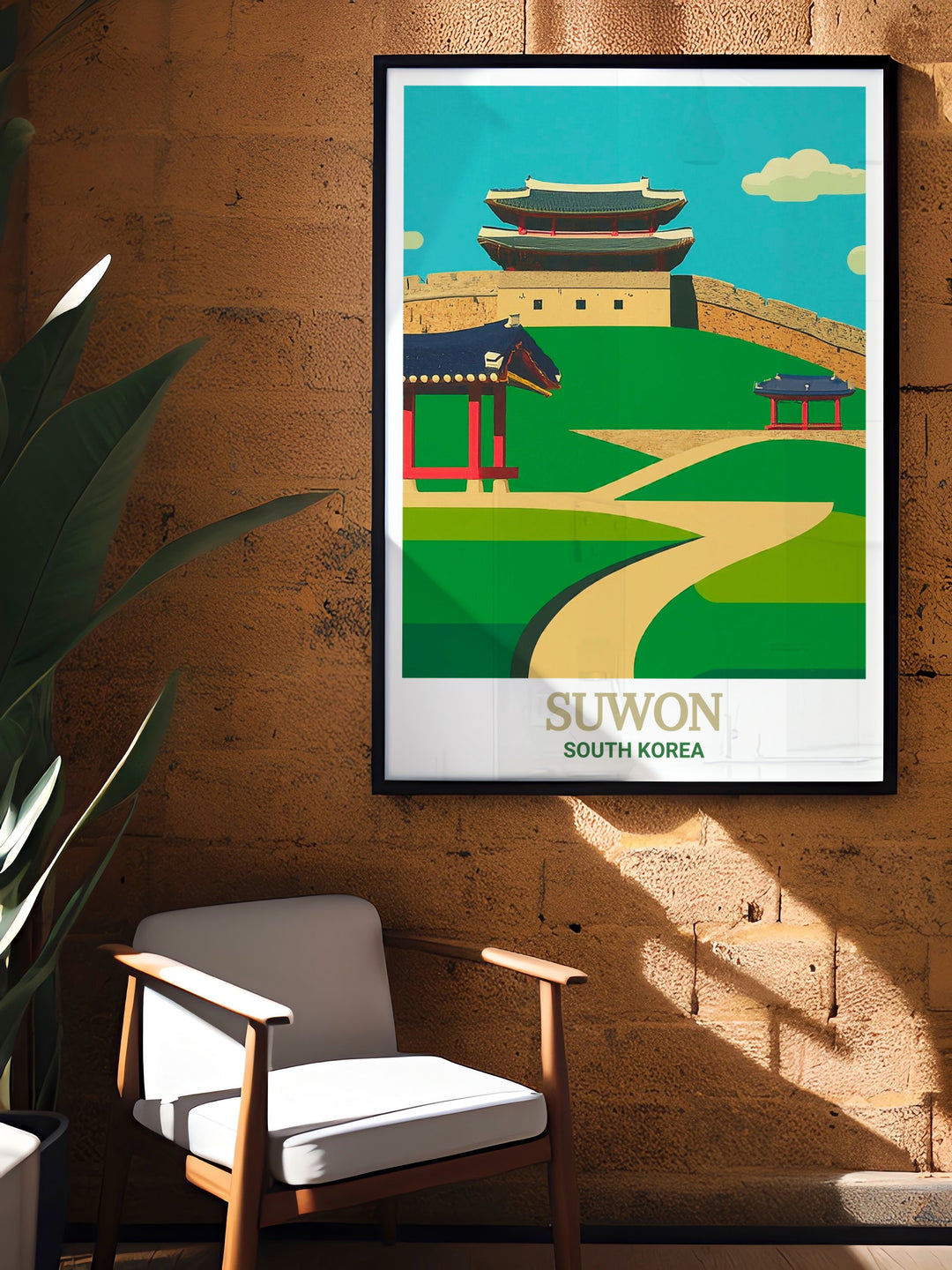 This Suwon travel poster highlights the impressive Hwaseong Fortress, blending modern design with historical significance. The South Korea canvas art offers a unique glimpse into the beauty of Suwon and makes a stunning addition to any room.