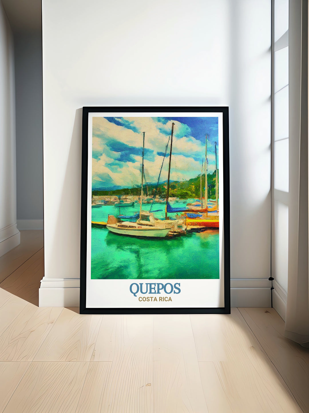 Marina Pez Vela, located in Quepos, Costa Rica, is showcased in this vibrant print. The artwork highlights the marinas dynamic waterfront and the surrounding beauty of the Pacific Ocean. Ideal for those who love the sea, this piece adds a touch of Costa Ricas coastal charm to any space.