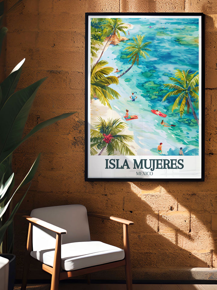 Beautiful Isla Mujeres street map art print highlighting Isla Mujeres beach Caribbean sea perfect for creating a modern and chic ambiance in your home decor.