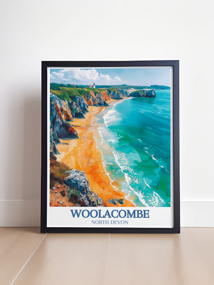 Beautiful framed print of Woolacombe Beach Bullpoint Lighthouse highlighting the captivating views of Devon perfect for enhancing any room with its natural beauty and sophistication an excellent gift for travelers and art lovers