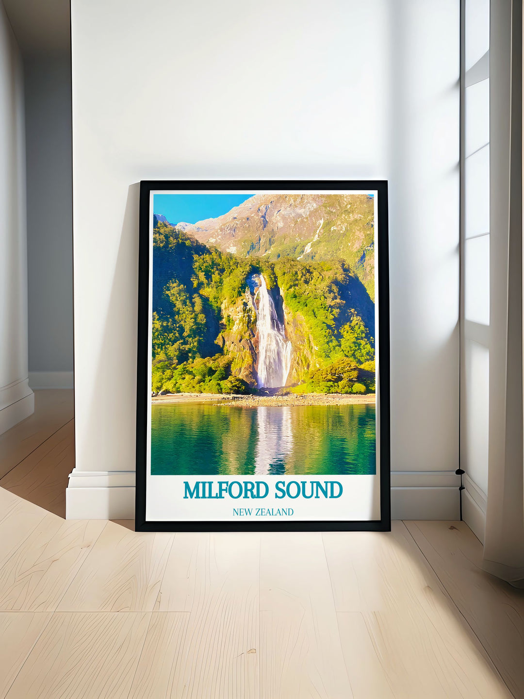 Milford Sound print showcasing the majestic Bowen Falls with its impressive waterfall cascading through the Fiordland National Park landscape. Perfect for nature lovers seeking a stunning New Zealand wall art piece for their home.