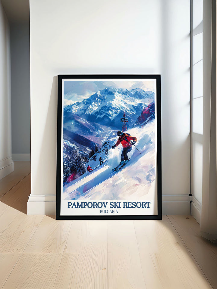 Snezhanka Tower Rhodope Mountains retro ski poster showcasing the snowy slopes of Pamporovo ideal for adding a touch of vintage charm to any room perfect for ski enthusiasts and travelers who love Bulgarias top ski destinations