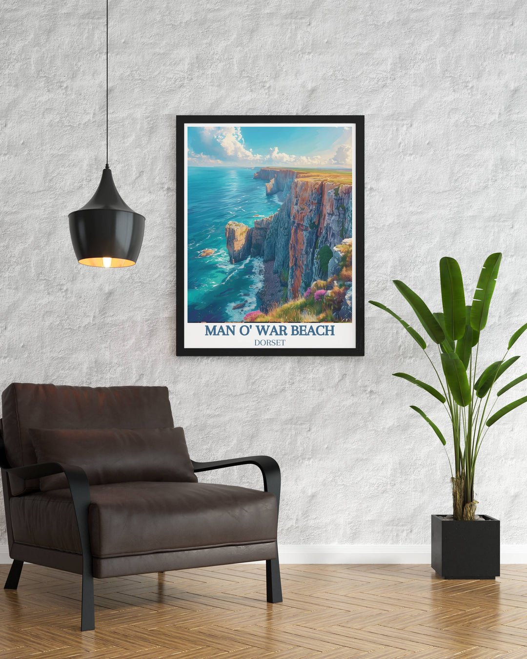 Durdle Door Arch and Jurassic Park Cliffs vintage travel print highlighting the beauty of the Jurassic Coast in Dorset perfect for wall art and home decor bringing the stunning scenery of these iconic landmarks into your home ideal for gifts and collectors.