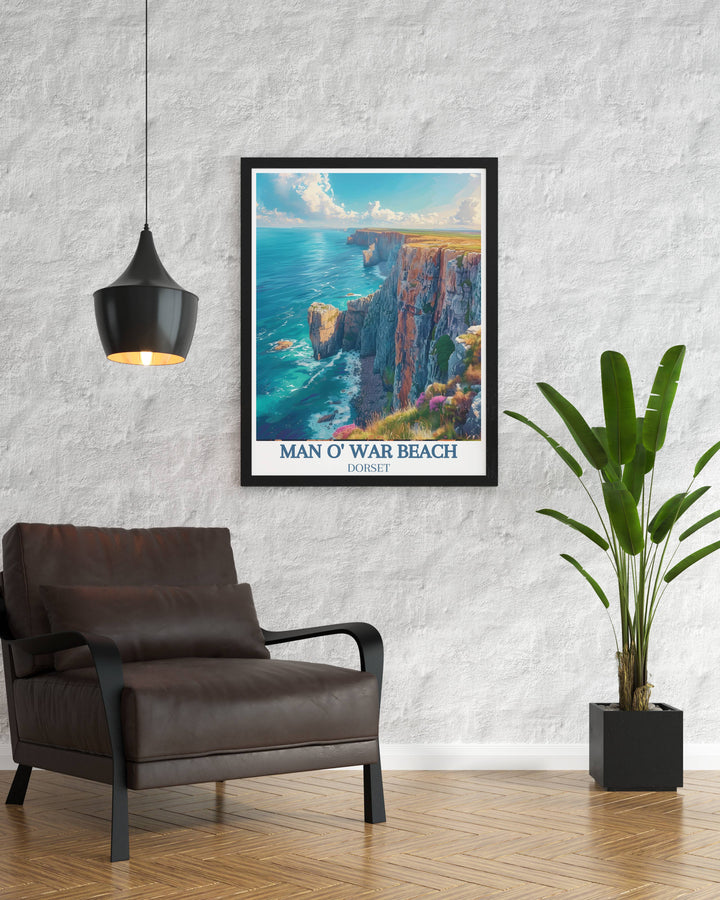 Durdle Door Arch and Jurassic Park Cliffs vintage travel print highlighting the beauty of the Jurassic Coast in Dorset perfect for wall art and home decor bringing the stunning scenery of these iconic landmarks into your home ideal for gifts and collectors.