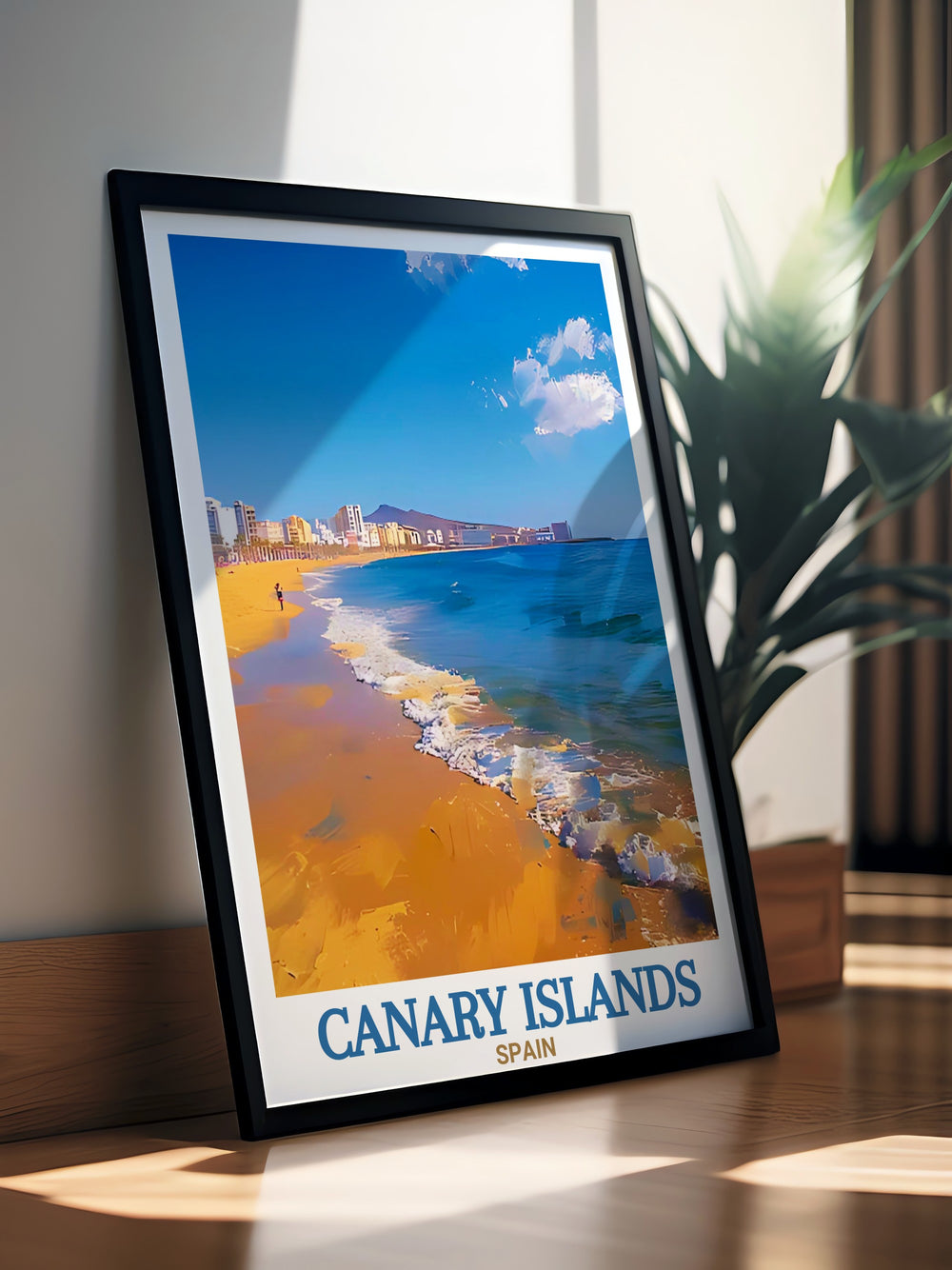 Stunning art print of Las Canteras Beach Gran Canaria showcasing the beauty of the Canary Islands This travel poster is perfect for home decor and makes an excellent gift for anyone who loves Spain and the picturesque beaches of Fuerteventura