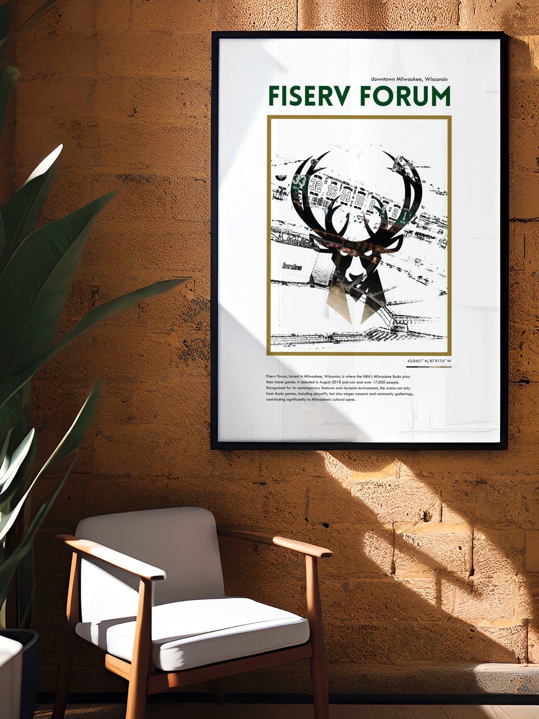 Celebrate the Milwaukee Bucks with Fiserv Forum modern prints featuring Giannis Antetokounmpo and Khris Middleton ideal for basketball fans looking for stunning wall art or gifts for boys who love sports