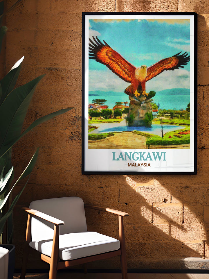 Langkawis Eagle Square, with its stunning eagle statue, is the centerpiece of this beautiful travel print. The vivid colors and dynamic composition bring Malaysias cultural landmarks to life, making it an ideal addition to any living room, office, or bedroom decor.