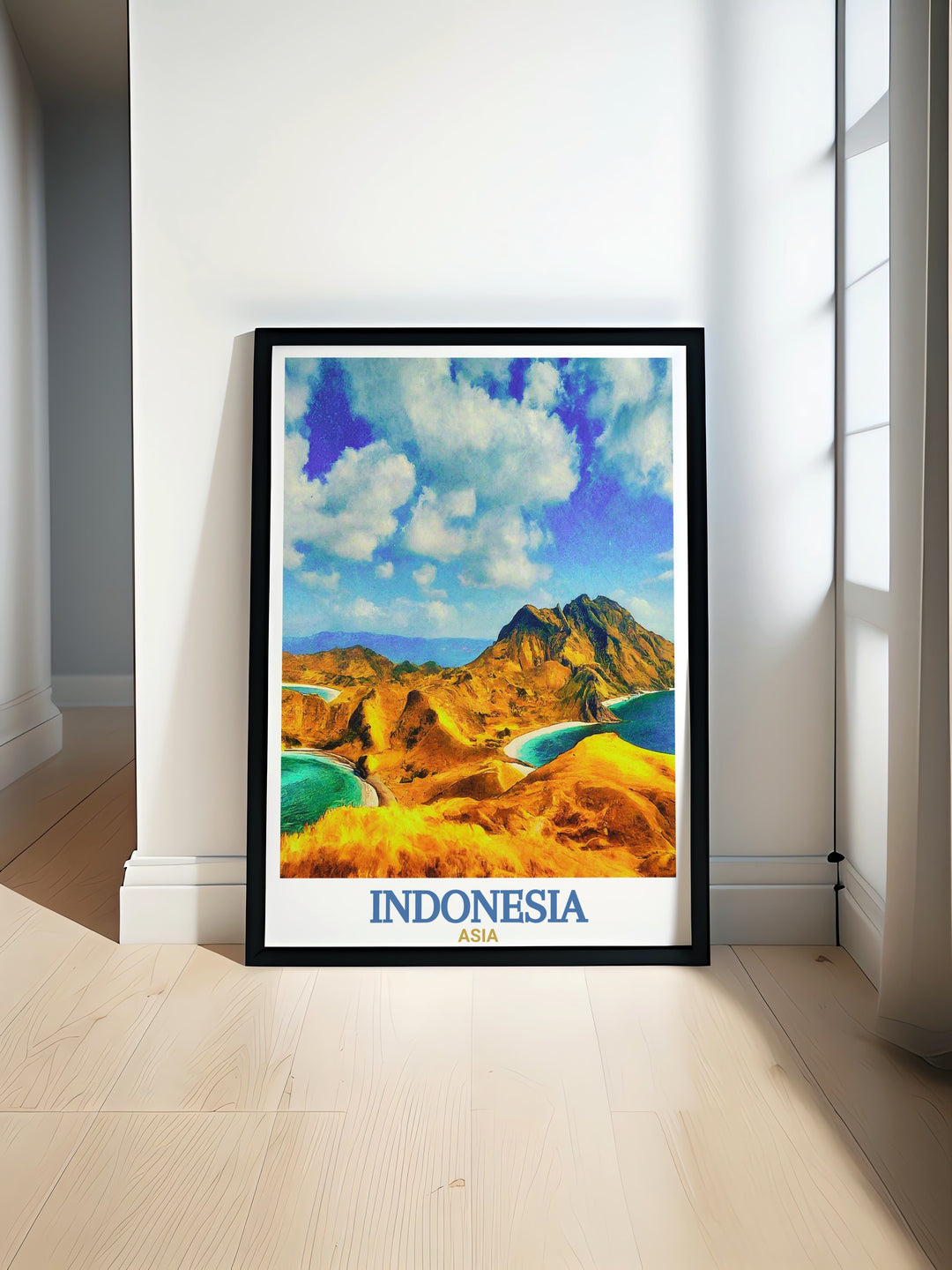 Indonesia travel poster featuring Komodo National Park and Bali. Ideal for those who love adventure and tranquility, this print combines the best of both worlds, offering a stunning piece for your décor.