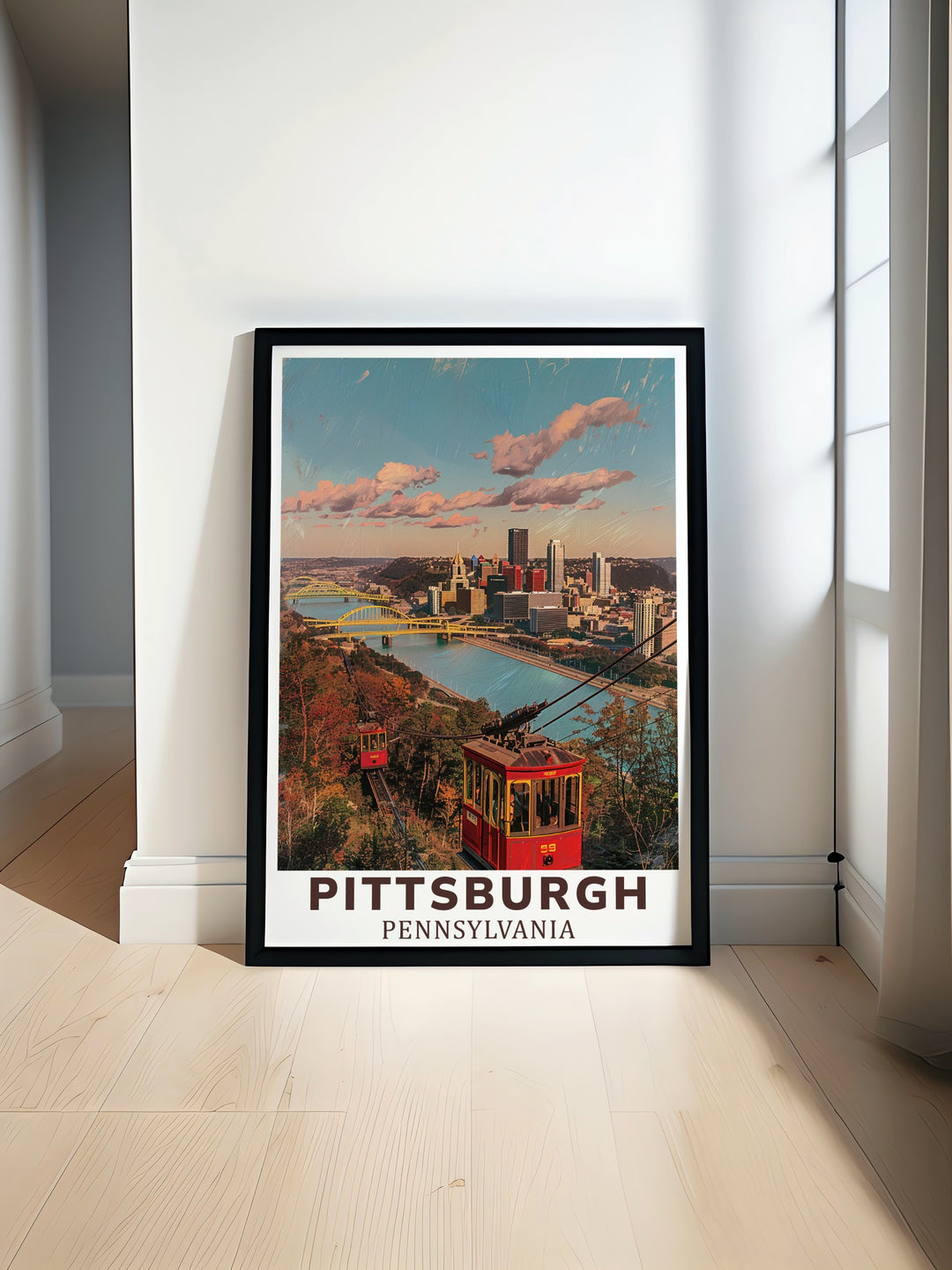 Framed Pittsburgh art print featuring the Duquesne Incline and cityscape view. Ideal for gifts, this artwork presents a nostalgic perspective of Pittsburgh, offering a stunning combination of history and modern urban beauty.