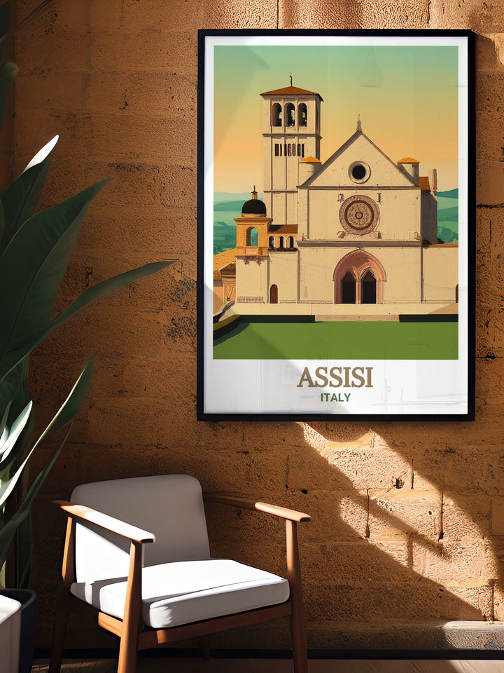 Vibrant Assisi wall art featuring the Basilica of Saint Francis of Assisi in Italy. This Italy artwork captures the grandeur of the basilica and the timeless charm of Assisi, ideal for those who appreciate Italys rich history and wish to bring a piece of it into their home