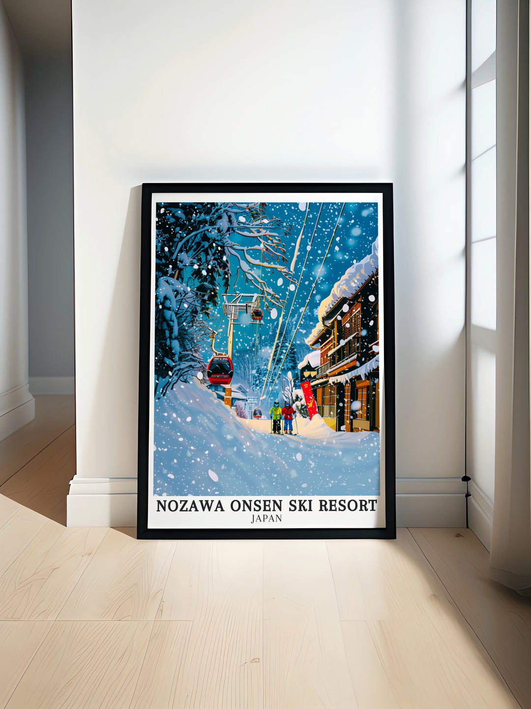 The Hikage Base Wall Art piece depicts the bustling hub of Nozawa Onsen Ski Resort, where skiers from around the world gather to enjoy the pristine snow and breathtaking views. This detailed artwork captures the vibrant energy of the resort, set against the serene backdrop of the surrounding mountains.