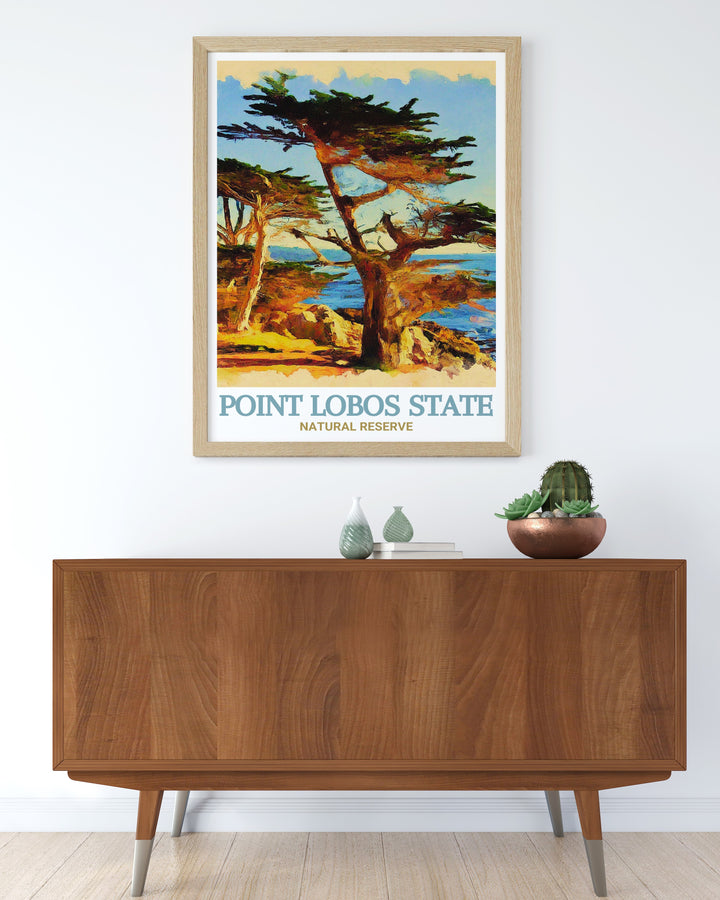 Custom print of Cypress Grove Trail, capturing the serene beauty of the cypress trees and the tranquil atmosphere of Point Lobos State Natural Reserve. This artwork is perfect for nature lovers looking to add a touch of Californias natural splendor to their decor.