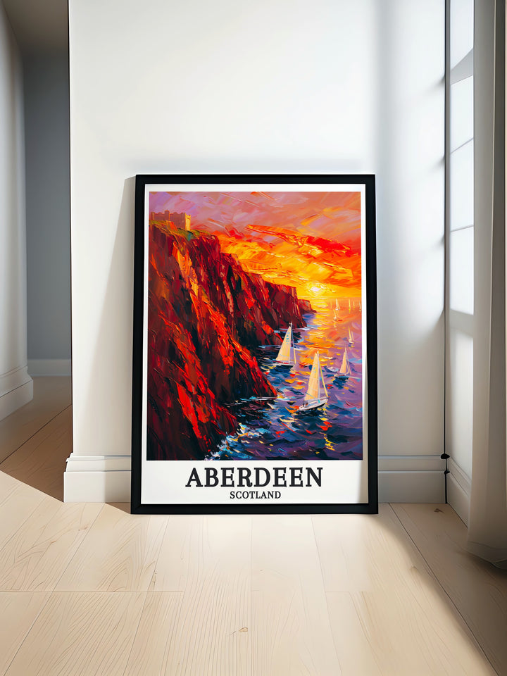 Aberdeen Print featuring a detailed view of Dunnottar Castle with the North Sea in the background. This art print highlights the historical and natural beauty of Aberdeen, Scotland, offering a stunning visual representation for your wall art collection