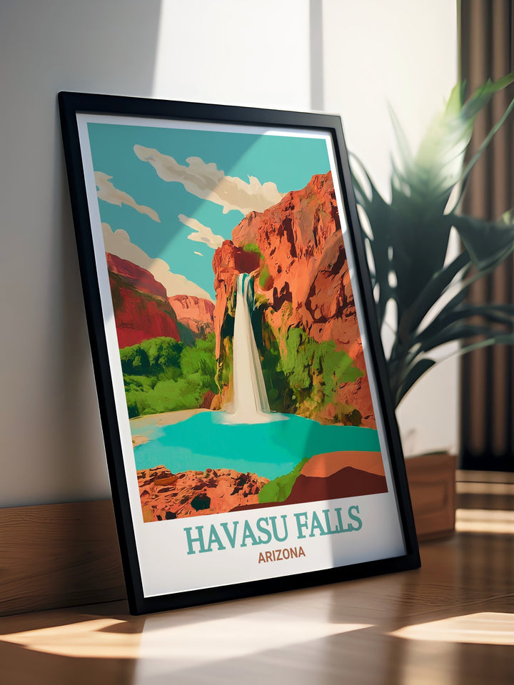 A beautifully detailed Havasu Falls travel poster that captures the stunning blue green waters cascading over Arizonas rugged red cliffs. This artwork brings the serene and powerful beauty of Havasu Falls into your home, making it a perfect addition to any nature lovers decor.