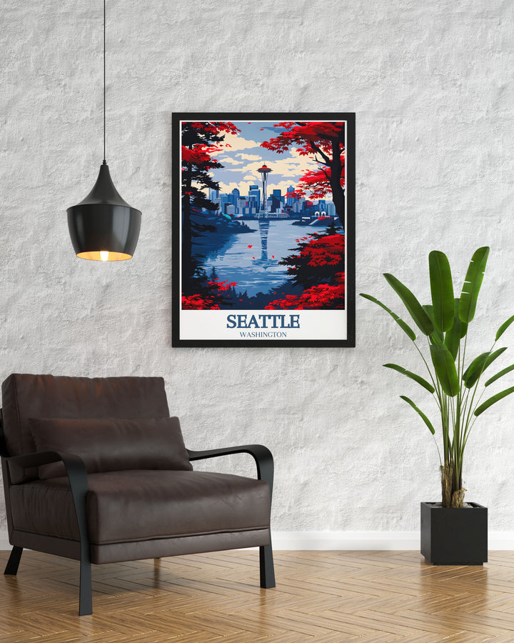 This Seattle Poster Print features the iconic Space Needle set against the stunning Seattle Skyline, a perfect addition to any modern home or office décor. This travel print celebrates the beauty and architectural wonder of Seattle, ideal for anyone who loves this vibrant city.