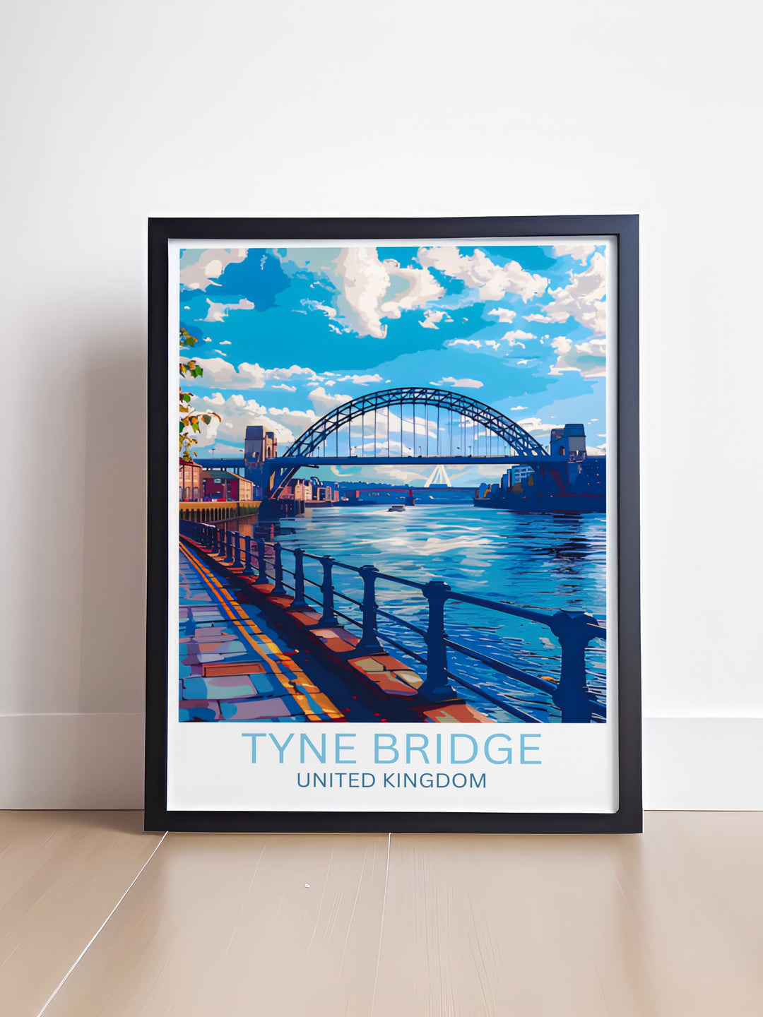 Quayside Wall Art featuring the iconic Tyne Bridge and Newcastle Upon Tynes skyline including Sage Gateshead and Millennium Bridge. This vintage travel print is an excellent addition to any living space or as a unique wall art print gift for loved ones