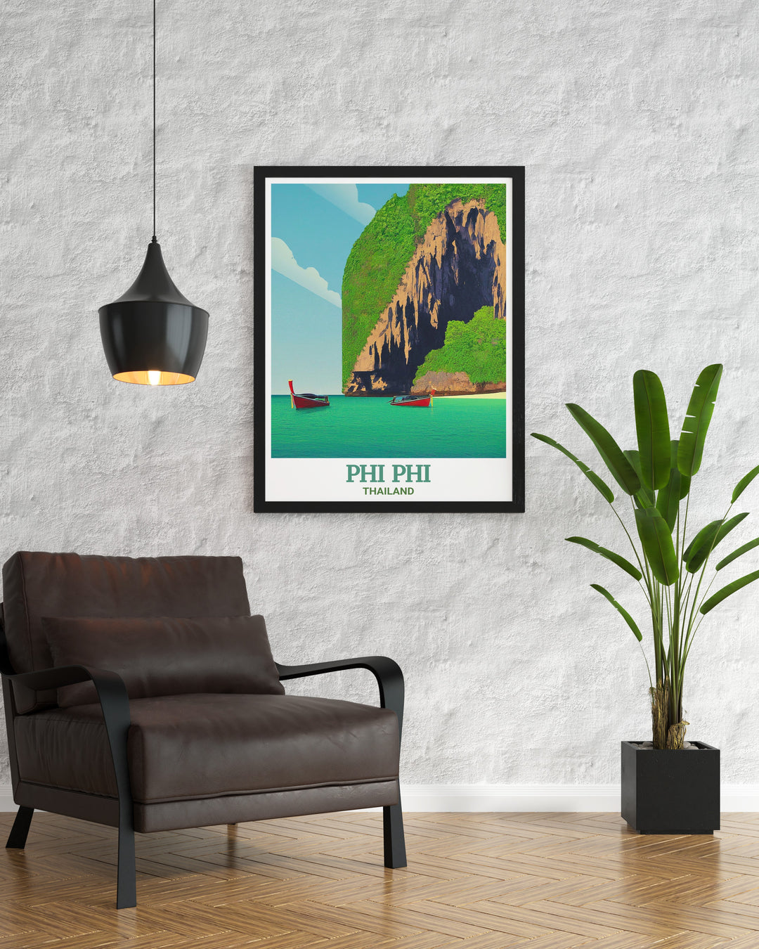 Thailand travel poster highlighting the unique allure of the Viking Cave on Phi Phi Islands, where ancient history meets natural beauty. This vintage style wall poster is perfect for anyone looking to bring the spirit of adventure and cultural exploration into their home.