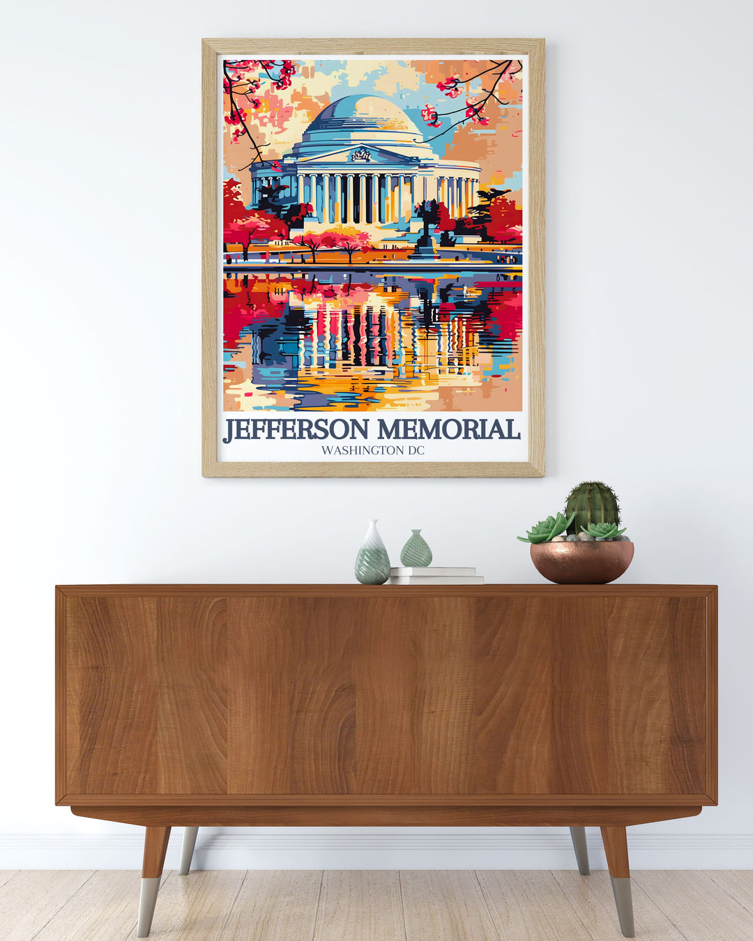 Celebrate American history with this Jefferson Memorial art print, highlighting the architectural splendor of the Grand Rotunda. Ideal for home or office decor, this travel poster captures the essence of Washington, D.C.s monuments and the views over the Tidal Basin.