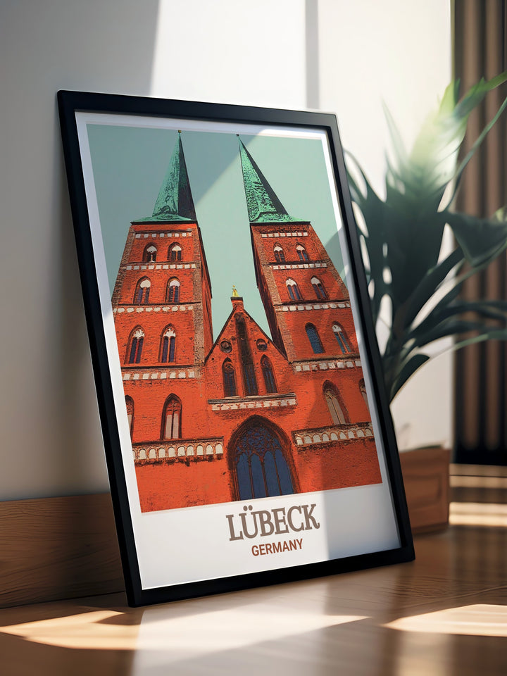 Marienkirche wall art from Lubeck brings the charm and history of Germany into your home this Germany travel art showcases the intricate details of the Marienkirche offering a unique and sophisticated piece for your living room decor or office