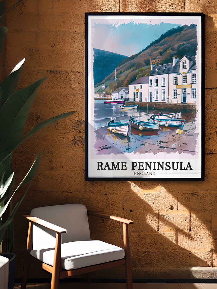 Add a piece of Cornwall to your wall with this Rame Peninsula print featuring Mount Edgcumbe Perfect for Cornwall lovers this artwork enhances any room with its depiction of the regions natural beauty making it a thoughtful and elegant gift.