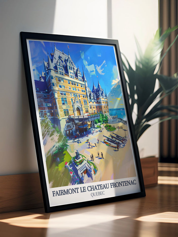 Elegant Le Chateau Frontenac print with St. Lawrence River, The Chateau Frontenac Tower. Ideal Canada decor for adding sophistication to your home. Beautifully captures the iconic skyline and serene landscape of Quebec City.