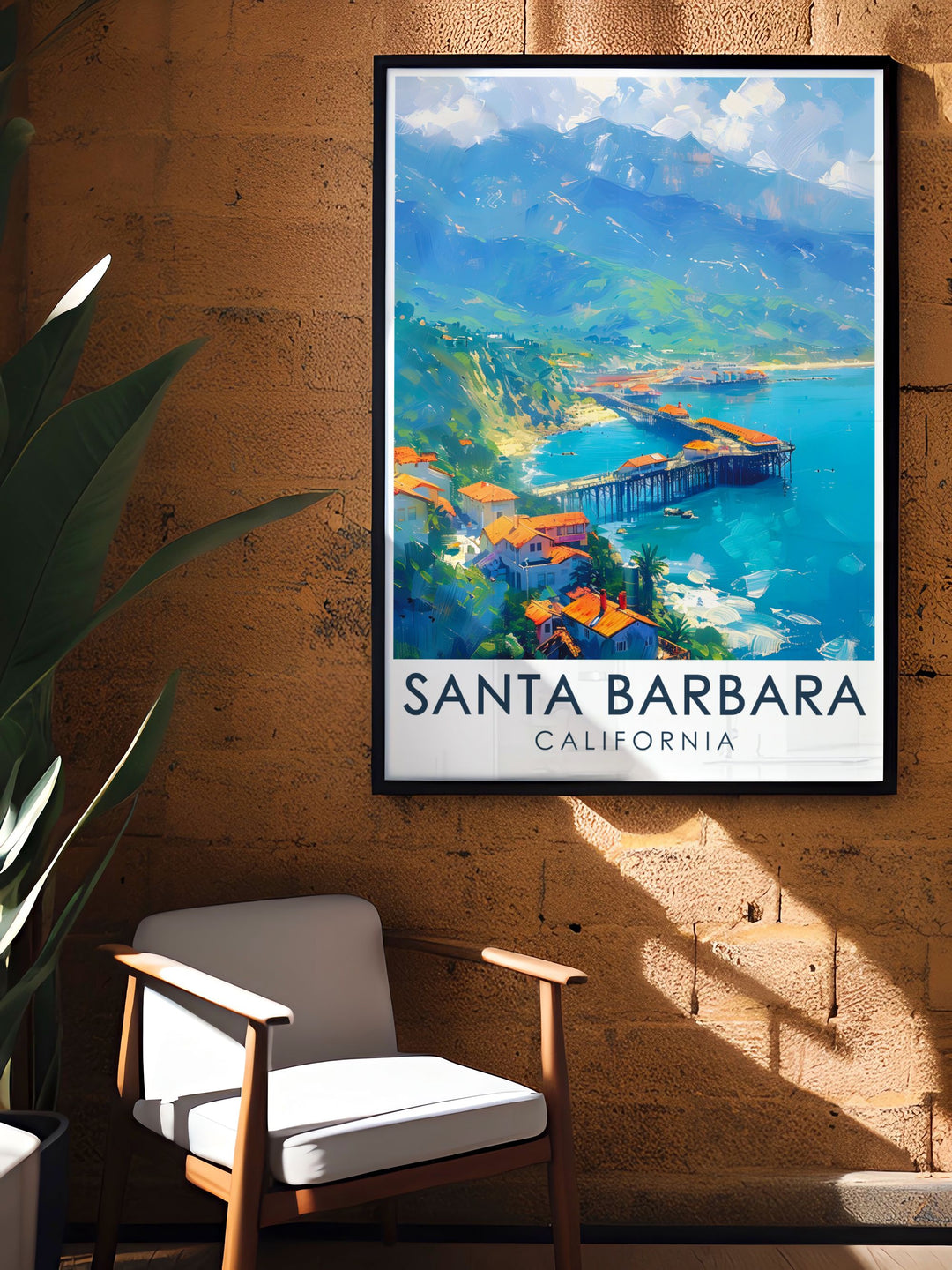 Santa Barbara map wall art featuring Stearns Wharf combines vibrant colors with detailed street maps creating a perfect addition to any living room or office decor ideal for gifts for friends or special occasions like birthdays and anniversaries