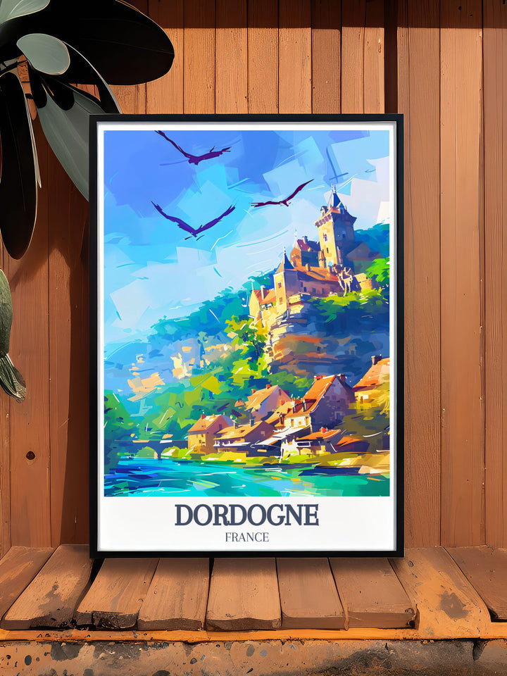 Vintage style Chateau de Beynac and La Roque Gageac poster highlighting the historical and natural beauty of the Dordogne region a perfect France travel print