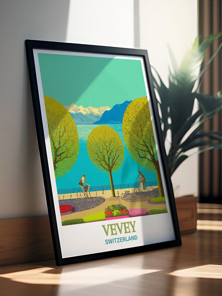 Canvas art showcasing the peaceful Vevey Promenade along Lake Geneva. This Switzerland travel poster brings the calm and elegance of the lakeside promenade into your home, perfect for adding a touch of Swiss beauty to your décor.