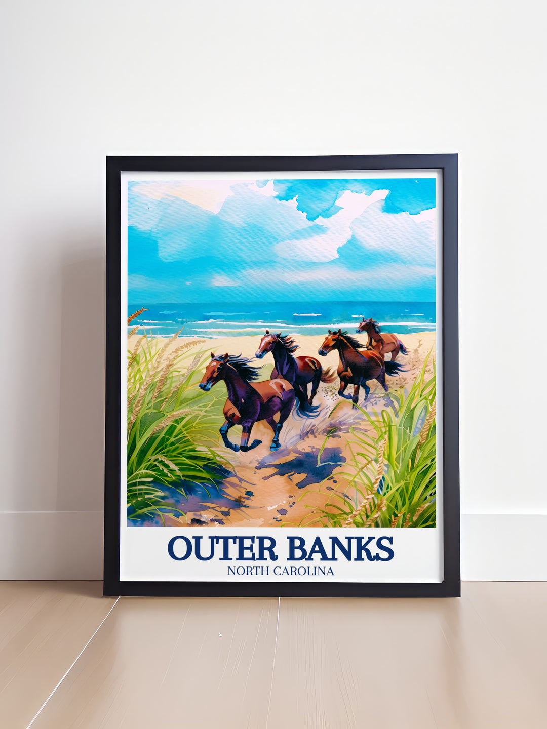 Corolla Beach Canvas Art capturing the tranquil and picturesque shoreline of one of the Outer Banks most beloved beaches. The artwork highlights the pristine sands and calm waters of Corolla Beach, perfect for creating a serene atmosphere in any room. A must have for those who find peace in coastal landscapes.