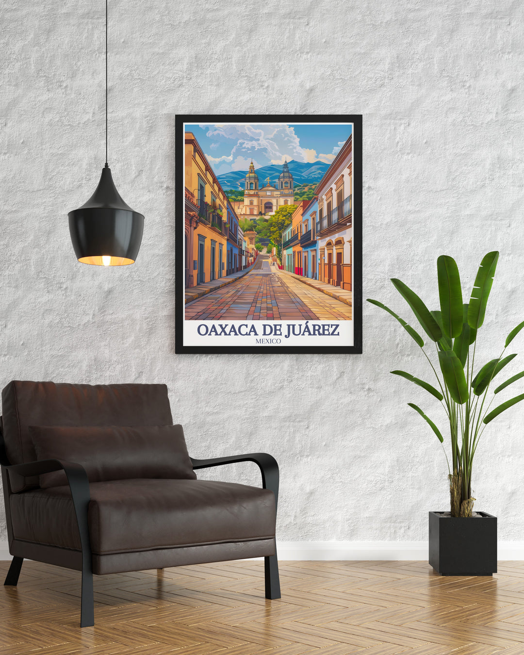 A vibrant travel print showcasing Oaxaca de Juárez, featuring the iconic Santo Domingo Church and the lively Calle Macedonia Alcalá. This Mexico wall art captures the heart of the citys culture and history, making it a perfect addition to any art collection.