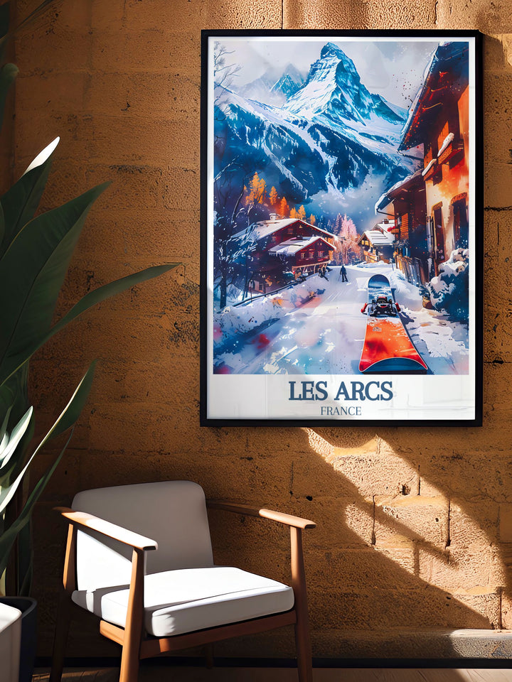 Retro Ski Poster depicting Paradiski ski area Les Arcs Ski resort Mont Blanc with timeless elegance perfect for enhancing your home with a touch of classic ski culture and snowboarding decor