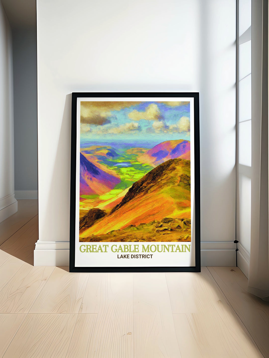 This Great Gable travel print highlights the mountains impressive stature and the breathtaking views that await at its summit. The print emphasizes the connection between nature and adventure, making it a great addition to any room that celebrates exploration and the beauty of the outdoors. The detailed landscape creates a visual escape into the heart of Cumbrias natural splendor.