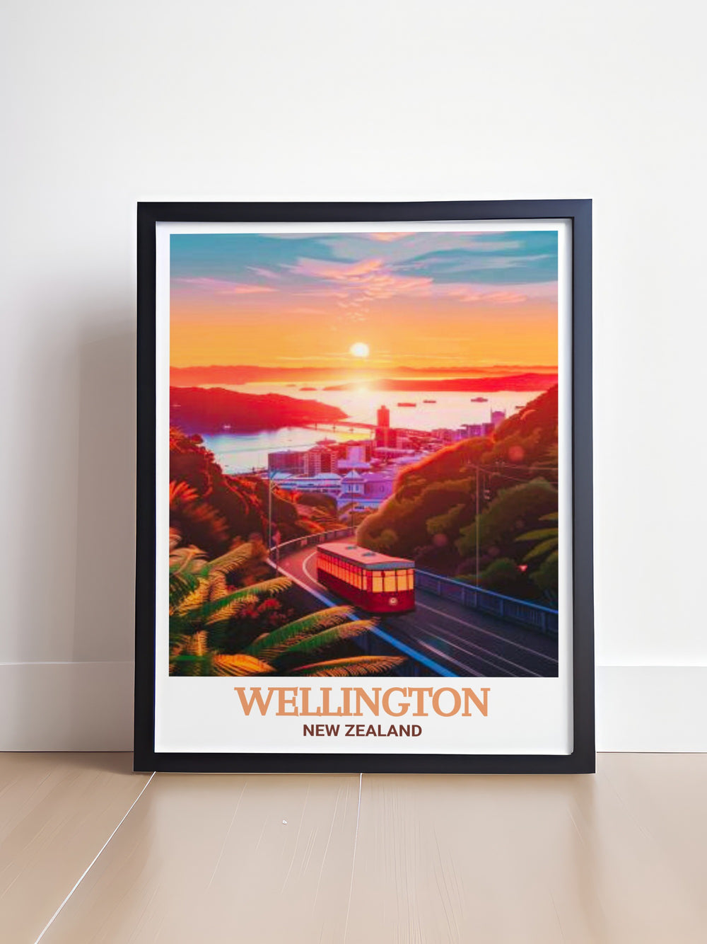 New Zealand travel print highlighting the city of Wellington with its iconic cable car and scenic backdrop. Perfect for travel enthusiasts, this detailed wall art brings the spirit of adventure and urban beauty into your home.