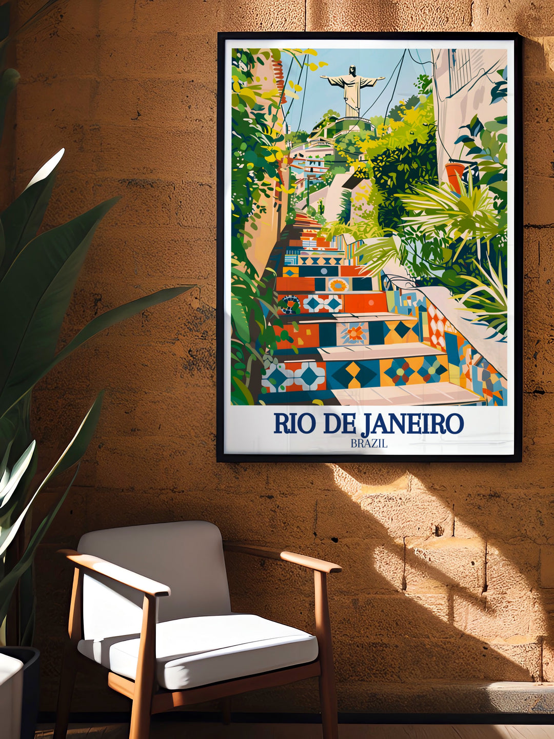 Rio De Janeiro travel poster featuring the citys most iconic sites, including the Selarón Staircase and Christ the Redeemer. This poster is perfect for anyone who loves to travel or dreams of visiting Brazils most famous city.