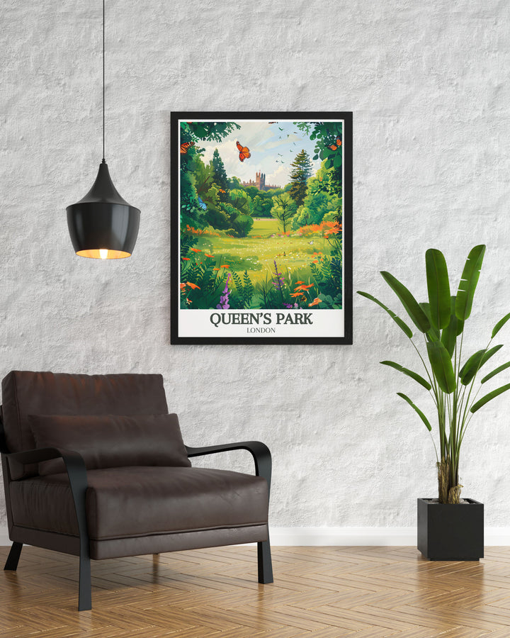 Elegant framed print of Queens Park London capturing the essence of Kilburn London with its lush greenery and charming bandstand a perfect addition to your home decor or as a thoughtful gift