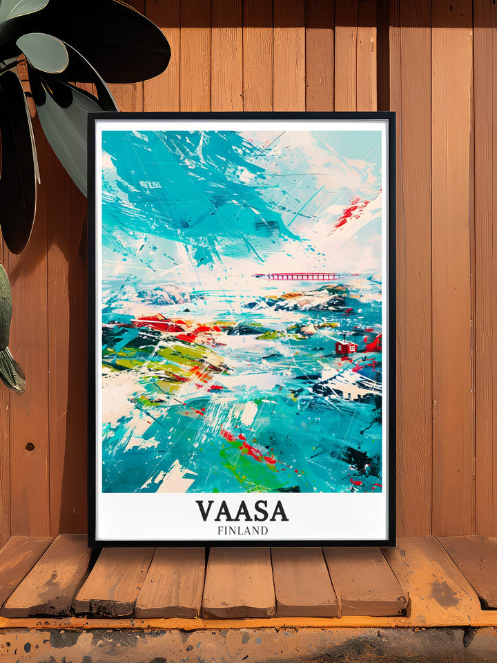 Our Vaasa framed art captures the essence of Finlands coastal city and the surrounding Kvarken Archipelago. With the Kvarken Bridge as a focal point, this print is a beautiful reminder of Finlands rich cultural and natural heritage.