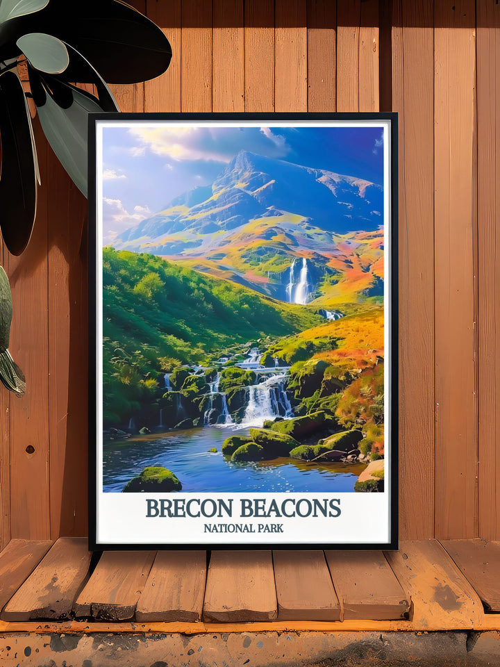 Brecon Beacons National Park vintage travel poster displaying the stunning landscapes of Wales. The artwork features Pen Y Fan and Corn Du with a retro aesthetic that adds a timeless touch to any space