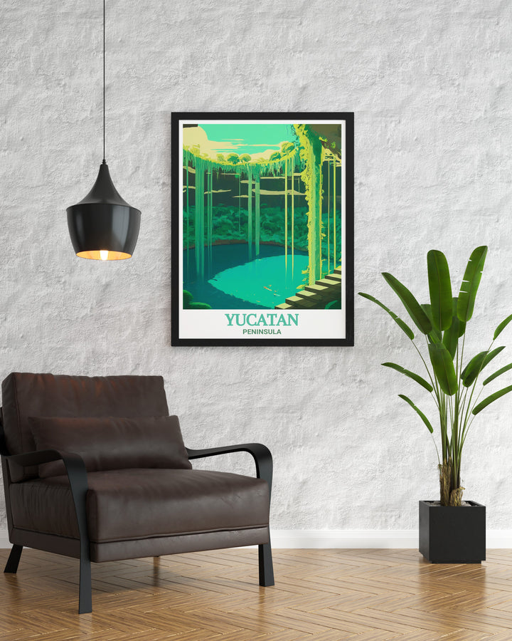 Experience the beauty of the Yucatan Peninsula with this detailed travel print, showcasing the famous Cenote Ik Kil. Its serene waters and rich greenery make it an ideal addition to any room.