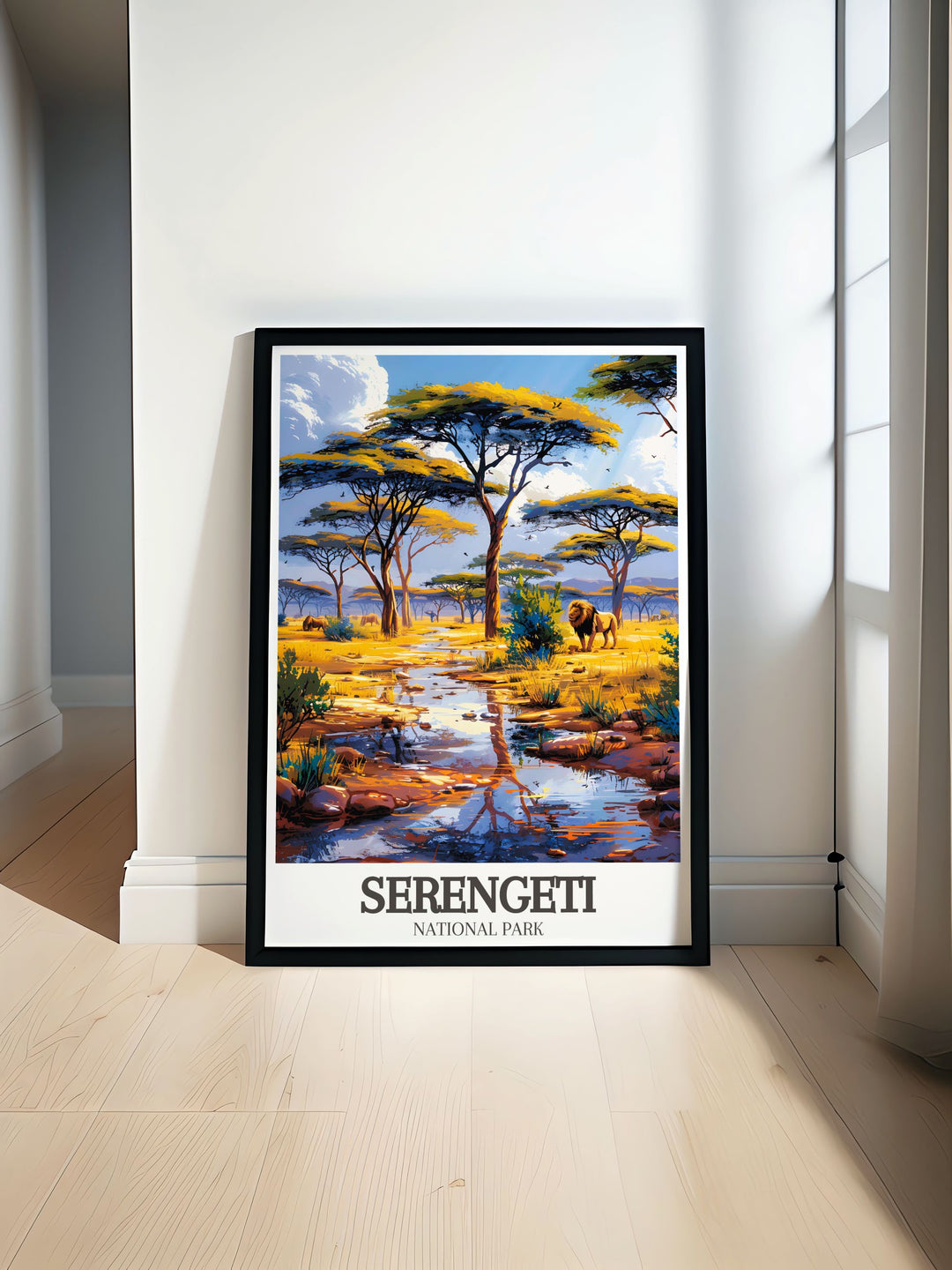 Acacia tree Wildlife savanna art print showcasing the serene landscapes of Serengeti National Park perfect for nature enthusiasts and home decor