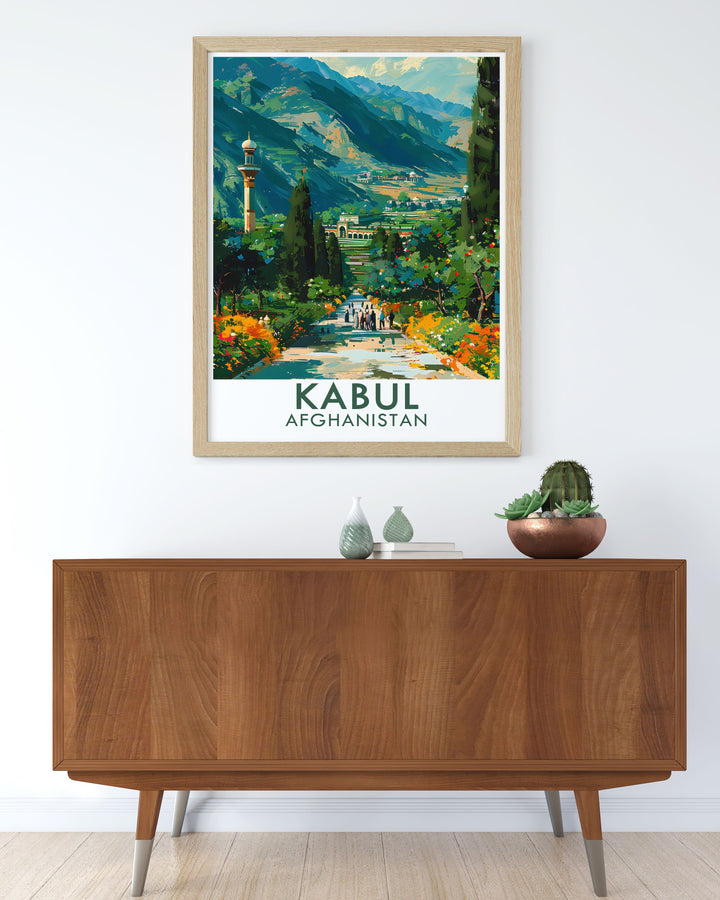 This Kabul print highlights the vibrant colors and peaceful environment of Baburs Garden, a serene oasis in the bustling city. The intricate design and lush vegetation are ideal for adding a touch of Afghan charm to your living space.