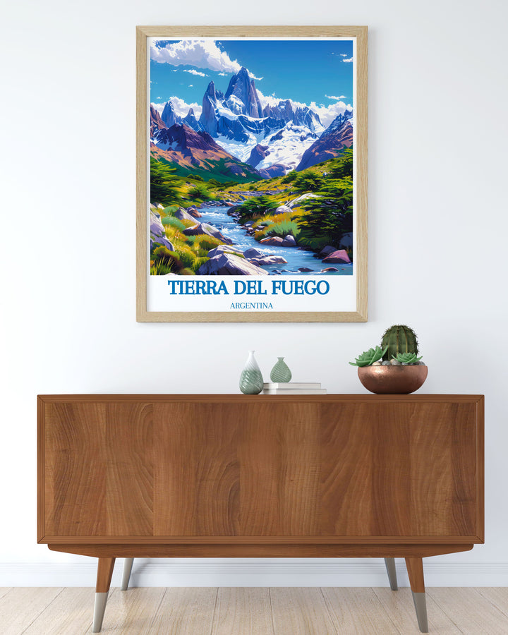 Uncover the adventure and history of Tierra del Fuego with this captivating art print, highlighting the unique landscapes and cultural significance of this remote area.