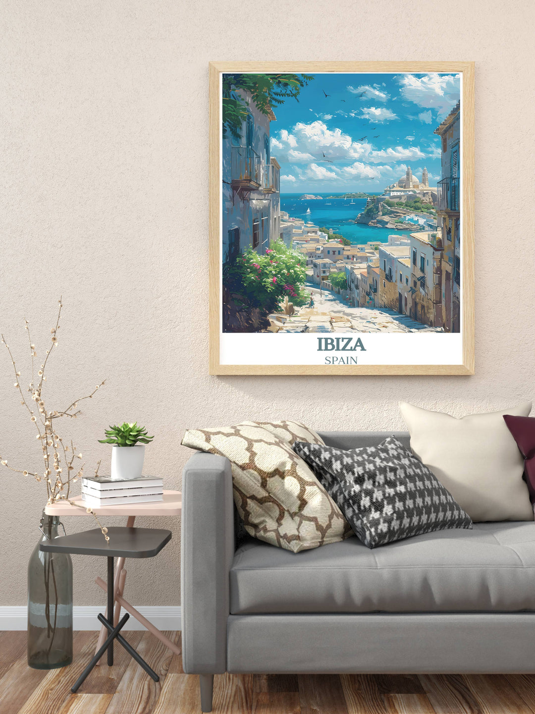 Ocean Beach Club artwork combined with the charm of Dalt Vila Ibiza Old Town print creating a unique wall art piece that celebrates both the lively dance music art of Ibiza and the historical beauty of its old town