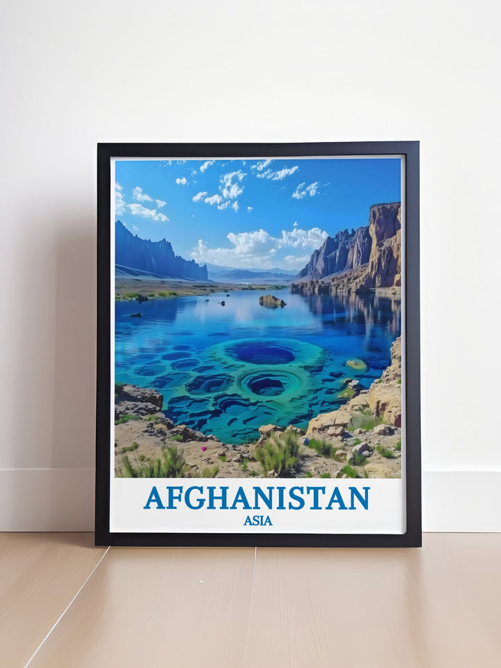 A stunning Afghanistan Poster featuring The Band e Amir National Park captured in fine line print offering a colorful and detailed representation perfect for art enthusiasts and collectors