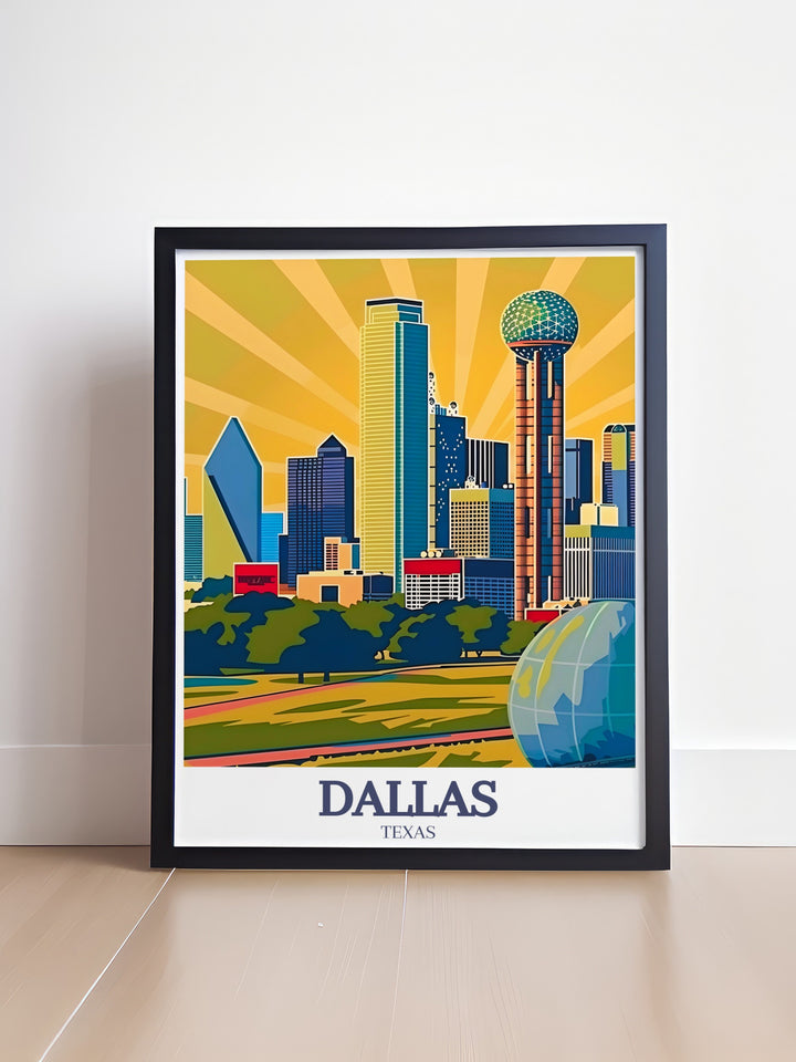 Bring the spirit of Dallas into your home with this Reunion Tower Ball in the Air art print The iconic skyline of Dallas is beautifully showcased in this travel poster making it an ideal addition to Texas themed home decor or a thoughtful Dallas gift