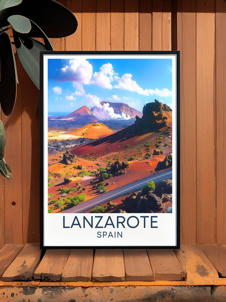 Featuring the stunning volcanic scenery of Timanfaya National Park, this poster highlights the parks fiery red and black lava fields, offering a glimpse into the natural forces that shaped Lanzarote, making it a captivating piece for your wall decor.