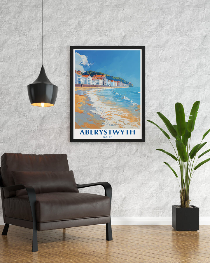 This Aberystwyth travel print offers a glimpse into the beauty of Wales waterfront, with the towns promenade and coastal landscape taking center stage. Whether displayed in your living room or office, this artwork brings a touch of Welsh elegance and coastal charm to any space.